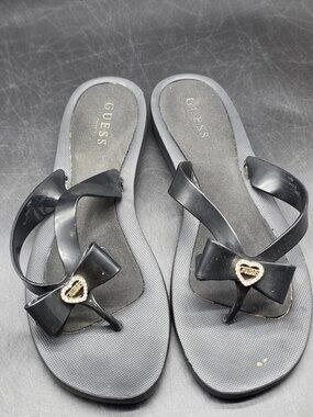 GUESS Sandals Womens Size 10 40 Black Bow Heart Thong Wedge Stains Shoes